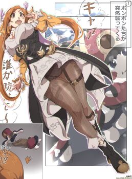 1girl bleach breasts brown_eyes cosplay covered_erect_nipples crossover highres honkai:_star_rail honkai_(series) inoue_orihime japanese_text large_breasts long_hair maxi open_mouth orange_hair pom-pom_(honkai:_star_rail)_(cosplay) source_request sushang_(honkai:_star_rail)_(cosplay) text_focus translation_request