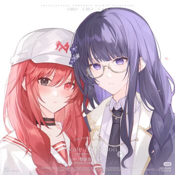 2girls alternate_costume alternate_hairstyle alternate_universe bad_source black_necktie blunt_bangs blush braid choker closed_mouth coat collared_coat collared_shirt commission couple flower genshin_impact glasses gradient_hair grey_background hair_between_eyes hair_ornament hair_over_shoulder hat head_tilt heads_together hetero heterochromia highres hoyofair leaning_on_person leaning_to_the_side long_hair looking_at_viewer mole mole_under_eye multicolored_hair multiple_girls necktie oc_x_canon original parted_lips pink_lips purple_coat purple_eyes purple_flower purple_hair purple_shirt raiden_shogun red_hair sailor_collar shirt standing twin_braids upper_body watermark xiaohongshu_watermark yilinglaozu121 yuri