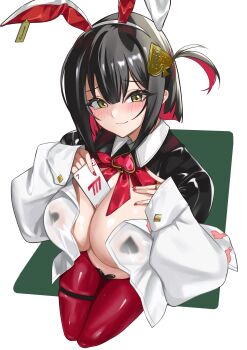 1girl absurdres animal_ear_hairband animal_ears animal_print between_breasts black_hair black_shrug blush bow breasts card card_between_breasts cleavage closed_mouth colored_inner_hair commentary_request fake_animal_ears frontless_outfit goddess_of_victory:_nikke hair_between_eyes hair_ornament hairband heart_maebari highres hiphighs hiromusan holding holding_card jewelry large_breasts latex_shrug long_sleeves looking_at_viewer maebari mismatched_pasties multicolored_hair off_shoulder official_alternate_costume one_side_up open_clothes open_shirt pasties playing_card rabbit_ear_hairband rabbit_ears rabbit_print red_bow red_hair red_hiphighs red_nails reverse_bunnysuit reverse_outfit ring rouge_(nikke) rouge_(unlucky_rabbit)_(nikke) shirt short_hair shrug_(clothing) sidelocks sitting skindentation smile solo spade_brooch spade_hair_ornament spade_pasties stomach thigh_strap variant_set white_shirt yellow_eyes