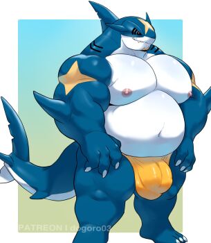 1boy bara barefoot belly bulge claws closed_mouth commentary dogoronumber3 dorsal_fin english_commentary fat fat_man fins fish_tail furry furry_male gen_3_pokemon highres male_focus male_underwear muscular muscular_male navel nintendo nipples patreon_username pokemon pokemon_(creature) shark_fin shark_tail sharpedo tail underwear yellow_male_underwear