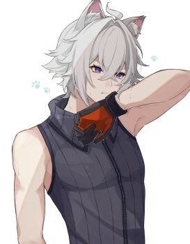 1boy absurdres animal_ears black_gloves black_sweater cat_boy cat_ears closed_mouth gloves grey_hair hair_between_eyes highres male_focus nya_inuha orange_gloves purple_eyes seth_lowell short_hair short_sleeves solo sweater turtleneck turtleneck_sweater two-tone_gloves white_background white_hair zenless_zone_zero