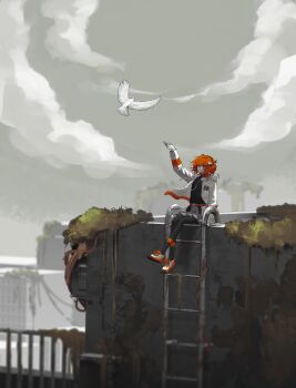 Rule 34 | 1girl, a.i. voice, absurdres, adachi rei, arm up, belt, bird, black pantyhose, black shirt, building, cable, cloud, coat, floating hair, gloves, grey skirt, haebu, headphones, highres, ladder, long sleeves, one side up, open clothes, open coat, orange eyes, orange hair, outdoors, overgrown, pale skin, pantyhose, ruins, shirt, shirt tucked in, shoes, sitting, skirt, sneakers, solo, utau, white coat, white gloves, wind