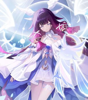 1girl absurdres bare_shoulders black_hair blunt_bangs bow bowtie closed_mouth columbina_(genshin_impact) commentary dress genshin_impact hair_ornament hashtag-only_commentary highres light_smile long_hair long_sidelocks luonnotar_(genshin_impact) multicolored_hair neulrain off_shoulder purple_eyes purple_hair sidelocks solo very_long_hair white_bow white_bowtie white_dress wing_hair_ornament