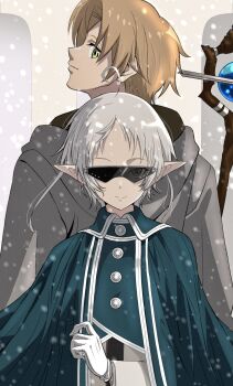 1boy 1girl ahoge brown_hair buttons cloak elf gloves green_cloak green_eyes grey_cloak highres husband_and_wife kou_(spad7u59) looking_at_another looking_at_viewer mage_staff mushoku_tensei pointy_ears rudeus_greyrat short_hair smile snowing staff sunglasses sylphiette_(mushoku_tensei) white_gloves white_hair