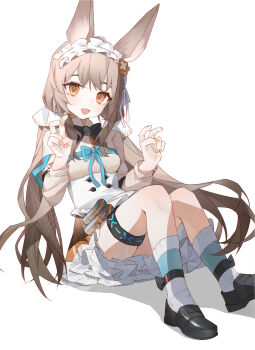 1girl absurdres animal_ears arknights brown_hair dress frilled_hairband frills grey_hair hairband highres long_hair long_sleeves looking_at_viewer open_mouth orange_eyes rabbit_ears rabbit_girl ribbon ribbon-trimmed_hairband shirt skirt smile solo user_zcas3385 warmy_(arknights) white_background white_hairband