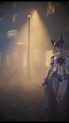 1girl 3d animated audible_speech black_bodysuit black_choker black_hair bodysuit bracelet breasts capcom choker cleavage cone_hair_bun drill_hair eyepatch female_focus fingerless_gloves game_screenshot gloves hair_bun hair_over_one_eye han_juri highres japanese_audio jewelry large_breasts looking_at_viewer multicolored_bodysuit multicolored_hair pink_hair purple_bodysuit purple_eyes solo sound spiked_bracelet spikes street_fighter street_fighter_6 twin_drills two-tone_bodysuit video