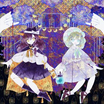 Rule 34 | 2girls, absurdres, aqua eyes, aqua nails, aqua ribbon, black cape, black hair, black hat, black shoes, black skirt, blonde hair, boku (isizakitakasi), bow, bright pupils, cape, dress, gold ribbon, hat, hat bow, highres, long sleeves, maribel hearn, mob cap, multiple girls, neck ribbon, open mouth, purple dress, ribbon, shippou (pattern), shirt, shirt tucked in, shoes, skirt, smile, socks, touhou, usami renko, white bow, white hat, white pupils, white shirt, white socks, yellow eyes, yellow nails