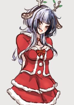 Rule 34 | 1girl, :d, animal ears, antlers, arms behind back, black hair, breasts, cape, capelet, cleavage, commentary, dress, english commentary, fake animal ears, fake antlers, fur-trimmed cape, fur-trimmed dress, fur trim, grey hair, highres, hololive, hololive english, horns, large breasts, layered dress, multicolored hair, open mouth, penguin stamp, red capelet, red dress, reindeer antlers, santa costume, santa dress, shiori novella, simple background, smile, solo, split-color hair, two-tone hair, virtual youtuber, white background, yellow eyes