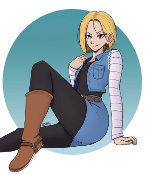 android_18 belt black_pantyhose black_shirt blonde_hair blue_background blue_eyes bob_cut boots denim denim_jacket denim_skirt earrings jacket jewelry long_sleeves ookiyoart pantyhose red_earrings shirt skirt smile white_sleeves