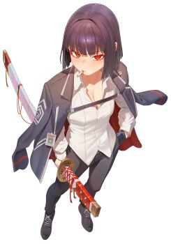 Rule 34 | 1girl, absurdres, black hair, black jacket, black pants, black shoes, bob cut, breasts, cigarette, cleavage, collared shirt, from above, full body, hand in pocket, highres, holding, holding sword, holding weapon, id card, jacket, jacket on shoulders, jeongdang geolae, katana, limbus company, long sleeves, looking at viewer, ootachi, pants, project moon, red eyes, renketsuen (e.g.o), ryoshu (project moon), scabbard, sheath, sheathed, shirt, shoes, short hair, small breasts, smoking, solo, strap, sword, transparent background, weapon, white shirt