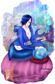 1girl absurdres black_nails blue_hair breasts bubble cleavage closed_mouth eyelashes hair_over_one_eye hair_slicked_back highres holding holding_smoking_pipe hood hooded_jacket jacket latefasha madame_shirley mermaid monster_girl one_piece red_lips shark_girl smile smoking_pipe solo twitter_username