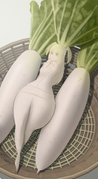 absurdres bananafish1111 basket blue_archive food hair_ornament highres necktie radish tagme thighs triangle_hair_ornament vegetable what yuuka_(blue_archive)