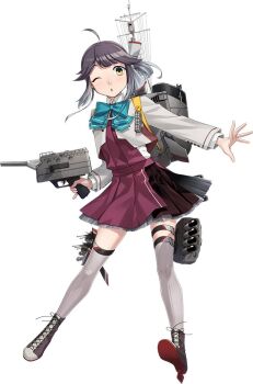 1girl adapted_turret ahoge aqua_bow aqua_bowtie blue_eyes boots bow bowtie commentary_request dress fujikawa full_body gradient_hair grey_hair grey_thighhighs hair_ribbon halter_dress halterneck hayanami_(kancolle) hayanami_kai_ni_(kancolle) kantai_collection lace-up_boots looking_at_viewer multicolored_hair official_art one_eye_closed purple_dress ribbon rigging short_hair smokestack solo thighhighs