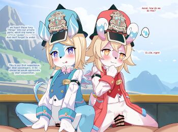 2boys 2girls :p aeval_(genshin_impact) bar_censor blue_fur blue_hat blue_jacket blue_vest blush bottomless censored closed_mouth commentary commission elphane_(genshin_impact) english_commentary english_text furry furry_female genshin_impact group_sex hat jacket long_sleeves luxuriou_s melusine_(genshin_impact) multiple_boys multiple_girls orange_eyes orgy paid_reward_available penis pink_fur purple_eyes pussy red_hat red_jacket red_vest sex speech_bubble spoken_sweatdrop sweatdrop tongue tongue_out vaginal variant_set veins veiny_penis vest