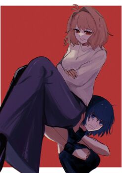 2girls 710_ao ahoge angry arcueid_brunestud black_pantyhose blonde_hair blue_eyes blue_hair breasts carrying carrying_person ciel_(tsukihime) cleavage cleavage_cutout clothing_cutout crossed_arms gloves hair_intakes heavy highres jewelry looking_at_another multiple_girls necklace official_alternate_costume pantyhose powered_ciel purple_skirt red_arcueid red_eyes shirt short_hair side_slit sitting sitting_on_person skirt sleeveless sleeveless_shirt smile smirk smug struggling sweat sweater tsukihime tsukihime_(remake) turtleneck turtleneck_sweater white_gloves