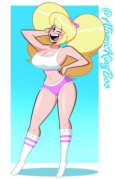 1girl atomickingboo blonde_hair breasts cleavage highres large_breasts short_shorts shorts socks solo