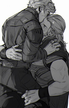 2boys armor beard_stubble cape closed_eyes commentary couple english_commentary facial_hair greyscale guardians_of_the_galaxy hair_slicked_back hand_on_another's_back highres jacket limach-an long_hair male_focus marvel monochrome multiple_boys muscular muscular_male on_lap pants peter_quill short_hair sketch star-lord stubble thor_(marvel) thor_(marvel)_(series) yaoi