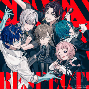 1other 2girls 3boys ;d ahoge aqua_eyes aqua_hair arm_on_another&#039;s_shoulder arm_up black_hair black_jacket black_necktie blonde_hair blue_eyes blue_hair blunt_bangs braid brown_hair closed_mouth collared_shirt commentary_request english_text fang glasses green_eyes grey_hair grey_shirt grin hair_between_eyes hair_over_one_eye hand_up highres higuchi_kaede higuchi_kaede_(16th_costume) holding holding_microphone hood hood_down hoodie index_finger_raised jacket kanae_(18th_costume)_(nijisanji) kanae_(nijisanji) leos_vincent long_hair long_sleeves looking_at_viewer manomenou microphone mole mole_under_eye multicolored_hair multiple_boys multiple_girls nanajigen_seitokai_(nijisanji) necktie nijisanji official_alternate_costume one_eye_closed one_eye_covered open_mouth parted_lips pink_hair purple_eyes red_hair ryuushen saegusa_akina saegusa_akina_(6th_costume) shirt short_hair smile song_name streaked_hair suo_sango teeth twin_braids twitter_username virtual_youtuber watermark white_hair white_hoodie white_jacket