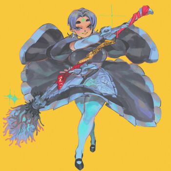 1girl absurdres apron arm_across_neck arm_across_waist arm_under_breasts arms_across_body black_dress black_shoes blue_eyes breasts broom commentary crossed_legs curtained_hair dress earrings elbow_gloves english_commentary facial_mark forehead_mark freckles full_body garlic_(keziedra) gloves half-closed_eyes highres holding holding_broom hoop_earrings jewelry keziedra large_breasts long_sleeves looking_at_viewer low_twintails maid maid_apron mary_janes original parted_bangs shoes short_twintails smile solo sparkle standing star_(symbol) star_facial_mark thighhighs twintails two-handed watson_cross white_apron white_gloves white_thighhighs wide_sleeves wrist_cuffs