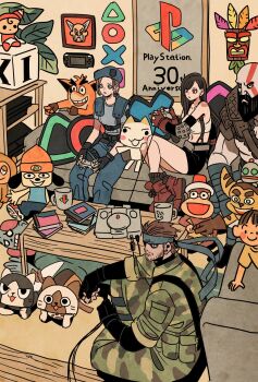 2girls 6+boys aku_aku anniversary big_boss cat character_request clank company_connection controller copyright_request crash_bandicoot crash_bandicoot_(series) final_fantasy final_fantasy_vii furry furry_male game_console game_controller god_of_war god_of_war_ragnarok handheld_game_console highres holding holding_controller jill_valentine kratos_(god_of_war) metal_gear_(series) metal_gear_solid_3:_snake_eater mishima_heihachi monkey multiple_boys multiple_girls naked_snake parappa parappa_the_rapper pj_berri playstation_1 playstation_controller playstation_logo playstation_portable ratchet_&amp;_clank ratchet_(ratchet_&amp;_clank) resident_evil resident_evil_1 robot saru_getchu sony takeuchi_ryousuke tekken tifa_lockhart video_game zombie