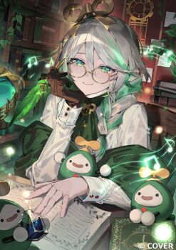 1girl alternate_costume alternate_hairstyle black_gloves book braid braided_ponytail cecilia_immergreen closed_mouth colored_inner_hair commentary_request copyright_name doll_joints double-parted_bangs glasses gloves green_eyes green_hair green_scarf grey_hair hair_between_eyes hair_ornament hair_over_shoulder hand_up holding holding_quill hololive hololive_english indoors joints long_sleeves looking_at_viewer low_ponytail mizumi_zumi multicolored_hair musical_note musical_staff official_art open_book otomo_(cecilia_immergreen) ponytail quill round_eyewear scarf shirt single_glove sitting smile solo streaked_hair virtual_youtuber white_shirt winding_key