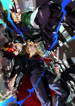 2boys adapted_costume battle belt belt_buckle black_belt black_boots black_coat black_hair black_jacket black_pants black_shirt blonde_hair blood blood_on_face boots broken_glass brown_hair buckle building cape checkered_clothes checkered_shirt closed_mouth coat collared_shirt commentary contemporary demon_slayer_uniform earrings energy falling fire forked_eyebrows formal_clothes from_above glass glass_shards green_shirt hashimoto_(yanagi-momo) highres holding holding_sword holding_weapon implied_yaoi jacket japanese_clothes jewelry kamado_tanjirou katana kimetsu_no_yaiba leg_wrap light_smile long_hair long_sleeves looking_at_viewer male_focus motion_blur multicolored_hair multiple_boys necktie pants red_eyes red_hair red_necktie rengoku_kyoujurou scar scar_on_face scar_on_forehead shards sheath shirt short_hair streaked_hair suit sword symbol-only_commentary two-sided_coat two-sided_fabric two-tone_hair upside-down weapon yellow_eyes