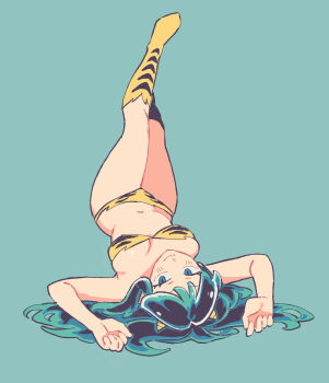 1girl animal_print bikini blue_background blue_eyes breasts commentary english_commentary green_hair highres long_hair looking_at_viewer lum mamanooke simple_background solo swimsuit tiger_print upside-down urusei_yatsura very_long_hair