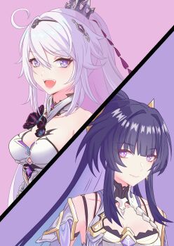 2girls absurdres bare_shoulders blue_eyes blue_pupils breasts cleavage closed_mouth colored_inner_hair commentary_request hair_between_eyes hair_ornament highres honkai_(series) honkai_impact_3rd kiana_kaslana kiana_kaslana_(herrscher_of_finality) li_shijin long_hair looking_at_viewer medium_breasts multicolored_hair multiple_girls open_mouth pink_background purple_background purple_eyes purple_hair purple_pupils raiden_mei raiden_mei_(herrscher_of_origin) smile star-shaped_pupils star_(symbol) symbol-shaped_pupils white_hair