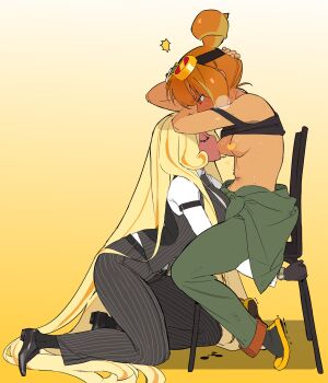 2girls absurdly_long_hair belt belt_buckle black_belt black_gloves black_necktie black_pants black_shoes black_socks black_tank_top black_vest blonde_hair blush breast_sucking breasts brown_eyes brown_hair buckle censored censored_nipples chair closed_eyes clothes_around_waist collared_shirt cookie_run cookie_run:_ovenbreak croissant_cookie dark-skinned_female dark_skin dual_persona gloves goggles goggles_on_head gradient_background green_pants highres kneeling long_hair long_sleeves medium_breasts motion_lines multicolored_hair multiple_girls navel necktie ohta_guk_hip on_chair pants ponytail selfcest shirt shoes short_hair sitting socks streaked_hair striped_clothes striped_pants striped_vest sweat tank_top timekeeper_cookie trembling very_long_hair vest waistcoat watch white_shirt wristwatch yellow_background yuri