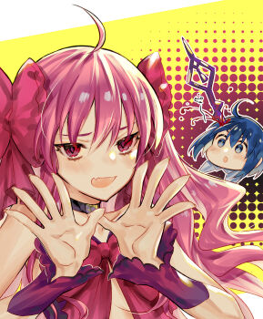 Rule 34 | 2girls, ahoge, blood, blue eyes, blue hair, blush, bow, bracelet, chibi, chibi inset, choker, ciel (tsukihime), commentary request, dainatsu, dead apostle noel (tsukihime), dress, dress bow, fang, hair between eyes, hair bow, hands up, highres, jewelry, long hair, looking at viewer, multiple girls, noel (tsukihime), pink hair, polearm, purple dress, red eyes, short hair, skin fang, smile, tsukihime, tsukihime (remake), vampire, wavy hair, weapon