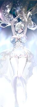 1girl absurdres alternate_costume arms_up bow breasts bright_pupils cinderella_(nikke) commentary_request crown dress goddess_of_victory:_nikke grey_hair hair_over_one_eye highres kamo_(pixiv_14204392) large_breasts long_hair looking_at_viewer one_eye_covered red_eyes revision ringed_eyes silver_dress solo thick_thighs thighhighs thighs twintails very_long_hair white_pupils white_thighhighs