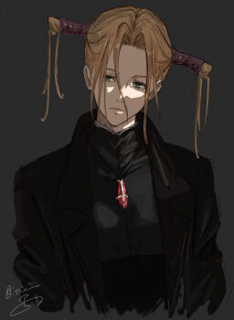 1girl black_coat black_shirt blonde_hair closed_mouth coat commentary cropped_torso curtained_hair green_eyes grey_background hair_tubes highres isshiki_(ffmania7) jewelry lapels lips long_bangs looking_at_viewer low_twintails motoyui notched_lapels parted_hair pendant robin_sena shirt signature simple_background sketch solo symbol-only_commentary twintails twitter_username witch_hunter_robin