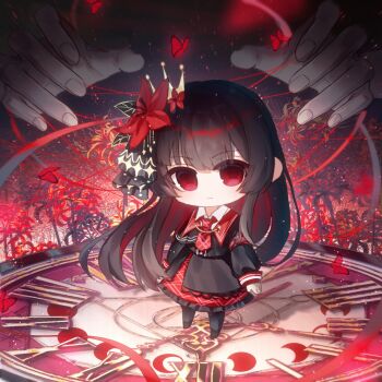 1girl 1other aoko_(amamiya_aoko) black_hair black_shirt black_skirt bug butterfly chibi clock closed_mouth collared_shirt commentary_request crown expressionless flower full_body hair_flower hair_ornament highres insect long_hair long_sleeves looking_at_viewer mahou_shoujo_no_majo_saiban moon_phases necktie nikaido_hiro out_of_frame red_butterfly red_eyes red_flower red_necktie shirt skirt solo solo_focus spider_lily standing