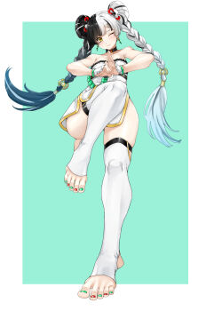 1girl aqua_nails bare_shoulders black_hair blush border braid braided_twintails china_dress chinese_clothes closed_eyes collarbone commentary_request dialyn_(zenless_zone_zero) dress earrings eiji_(eiji) feet from_below green_background hair_extensions hair_ornament hairclip highres jewelry long_hair looking_at_viewer multicolored_hair multicolored_nails nail_polish one_eye_closed palm-fist_greeting panda_hair_ornament red_nails ring_hair_extensions smile solo split-color_hair standing standing_on_one_leg stirrup_legwear thighhighs toeless_legwear toenail_polish toenails toes white_border white_hair white_thighhighs wire yellow_eyes zenless_zone_zero