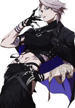 1girl abs eyeshadow fake_claws from_below gloves grey_hair highres jacket jacket_on_shoulders makeup midriff oka_7777625 path_to_nowhere short_hair simple_background solo standing strap toned toned_female white_background zoya_(path_to_nowhere)