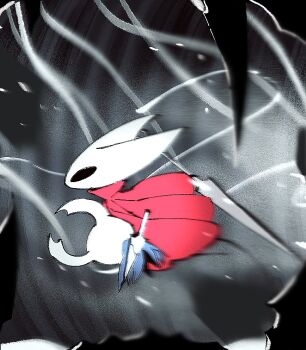 1girl 1other arthropod_girl black_skin cloak colored_skin from_side full_body hollow_eyes hollow_knight hollow_knight:_silksong horned_mask hornet_(hollow_knight) knight_(hollow_knight) mask needle_(hollow_knight) p_0p red_cloak weapon white_mask