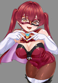 1girl black_pantyhose breasts cleavage commentary_request four-finger_heart_hands heart heart_hands heterochromia highres hololive houshou_marine how_about_paipai_mask?_(houshou_marine) large_breasts leotard long_hair looking_at_viewer official_alternate_costume pantyhose red_eyes red_hair red_leotard red_mask rorol_reime solo twintails virtual_youtuber yellow_eyes