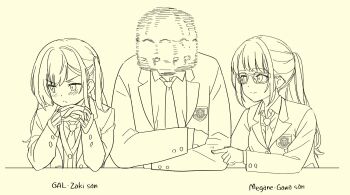1boy 2girls afterimage blush daipunch galzaki-san_(daipunch) glasses greyscale highres kimomura_(daipunch) long_hair meganegawa_(daipunch) mob_face monochrome multiple_girls original poking ponytail school_uniform simple_background