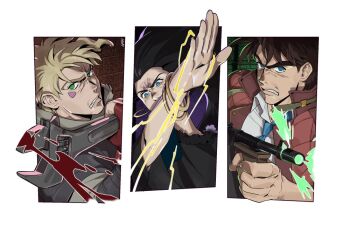 1girl 2boys aged_down battle_tendency black_hair blonde_hair blood bloody_weapon blue_eyes bracelet brown_hair caesar_anthonio_zeppeli clenched_teeth coat dress electricity facial_mark fighting_stance fingerless_gloves gloves green_eyes gun hakmonss jacket jewelry jojo_no_kimyou_na_bouken joseph_joestar joseph_joestar_(young) lisa_lisa long_hair multiple_boys necktie padded_coat red_jacket submachine_gun teeth thompson_submachine_gun weapon wrench