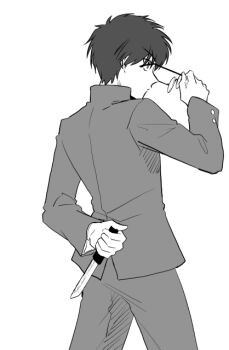 Rule 34 | 1boy, arm behind back, buttons, folding knife, from behind, gakuran, glasses, hair between eyes, hand in pocket, holding, holding knife, holding removed eyewear, jacket, knife, melty blood, messy hair, metarogu, monochrome, nanatsu-yoru, pants, removing eyewear, reverse grip, school uniform, short hair, solo focus, switchblade, tohno shiki, tsukihime, unworn eyewear
