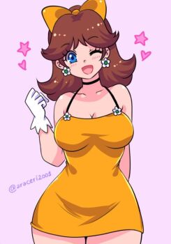 1girl araceri blue_eyes blush bow breasts brown_hair choker cleavage collarbone dress earrings flower_earrings gloves hair_bow heart jewelry long_hair looking_at_viewer mario_(series) medium_breasts nintendo open_mouth princess_daisy purple_background sleeveless sleeveless_dress smile standing star_(symbol) white_gloves yellow_bow yellow_dress