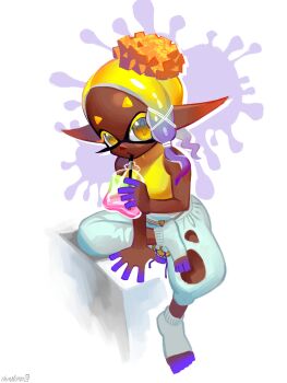 Rule 34 | 1girl, absurdres, blonde hair, colored extremities, colored eyelashes, colored tips, crop top, dark-skinned female, dark skin, drink, drink bag, drink pouch, drinking, drinking straw, figure four sitting, forehead, from above, frye (splatoon), full body, highres, holding, holding drink, inkling, long eyelashes, long pointy ears, looking at viewer, multicolored hair, namnums, nintendo, pants, pointy ears, shirt, short eyebrows, short hair, sitting, sleeveless, sleeveless shirt, solo, splatoon (series), splatoon 3, symbol-shaped pupils, tentacle hair, triangular eyebrows, white pants, yellow eyes, yellow shirt