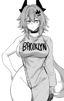1girl breasts brooklyn_sweater_(meme) caesar_king_(zenless_zone_zero) gloves greyscale hair_ornament hairclip highres hinghoi looking_to_the_side low_ponytail meme monochrome ponytail solo sweat zenless_zone_zero