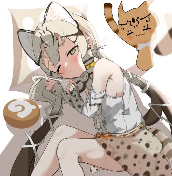 1girl absurdres animal animal_ears bare_shoulders bow bowtie cat cat_ears cat_girl cat_tail closed_eyes extra_ears food geoffroy&#039;s_cat_(kemono_friends) green_eyes highres japari_bun japari_symbol kemono_friends kemono_friends_v_project llb long_hair looking_at_viewer one_eye_closed ribbon shirt simple_background skirt suspenders tail twintails virtual_youtuber