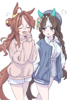 2girls absurdres ahoge alternate_costume animal_ears beret blue_jacket blush bow braid breasts brown_hair closed_mouth copano_rickey_(umamusume) double_bun ear_covers ear_scrunchie fang grey_skirt hair_between_eyes hair_bun hands_in_pockets hat highres hokko_tarumae_(umamusume) horse_ears horse_girl horse_tail jacket long_braid long_hair looking_at_another medium_breasts multicolored_hair multiple_girls nazmocha open_clothes open_jacket open_mouth pink_sweater purple_eyes scrunchie shirt shorts simple_background skin_fang skirt smile striped_bow striped_hair sweater tail twin_braids umamusume white_background white_hair white_shirt white_shorts