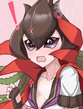 Rule 34 | !, 1girl, bancholilimon, black eyes, blush, breasts, cleavage, coat, coat on shoulders, collarbone, digimon, digimon (creature), green hair, hanging plant, heart, heart in eye, manchi kansuke, pink background, red coat, shirt, simple background, solo, symbol in eye, upper body, white shirt