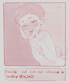 1boy 1girl blush completely_nude english_text finger_in_another's_mouth flat_chest freckles glasses hetero implied_sex loli looking_at_viewer monochrome navel nipples nude okymir open_mouth original red_theme saliva short_hair solo_focus sweat tongue tongue_out v very_short_hair