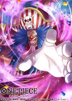 1boy aidle_co_jp blue_hair buggy_the_clown confetti copyright_name copyright_request evil_smile gloves hat long_hair looking_at_viewer makeup male_focus official_art one_piece one_piece_card_game open_mouth pirate_hat reaching reaching_towards_viewer red_lips smile solo white_gloves