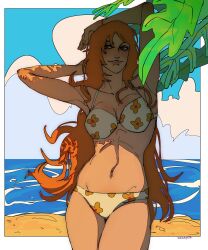 Rule 34 | 1girl, absurdres, arms up, artist name, bikini, cloud, commentary, cowboy shot, english commentary, floral print, hand in own hair, highres, long hair, looking to the side, nami (one piece), navel, ocean, one piece, palm tree, sand, sky, smile, solo, swimsuit, tree, very long hair, wesaier