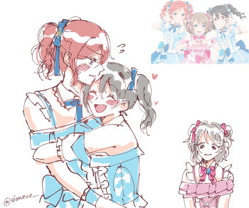Rule 34 | 3girls, bare shoulders, blue dress, blue ribbon, bow, bowtie, commentary, cross-laced clothes, cross-laced dress, dress, english commentary, flying sweatdrops, frilled dress, frills, grey hair, highres, hug, in-franchise crossover, love live!, love live! school idol project, love live! sunshine!!, medium hair, multiple girls, neck ribbon, nishikino maki, off-shoulder dress, off shoulder, official alternate costume, official art inset, parted lips, pink bow, pink bowtie, pink dress, purple eyes, red hair, reference inset, ribbon, simple background, sioneve, third wheel, twintails, twitter username, two side up, watanabe you, white background, yazawa nico, yuri